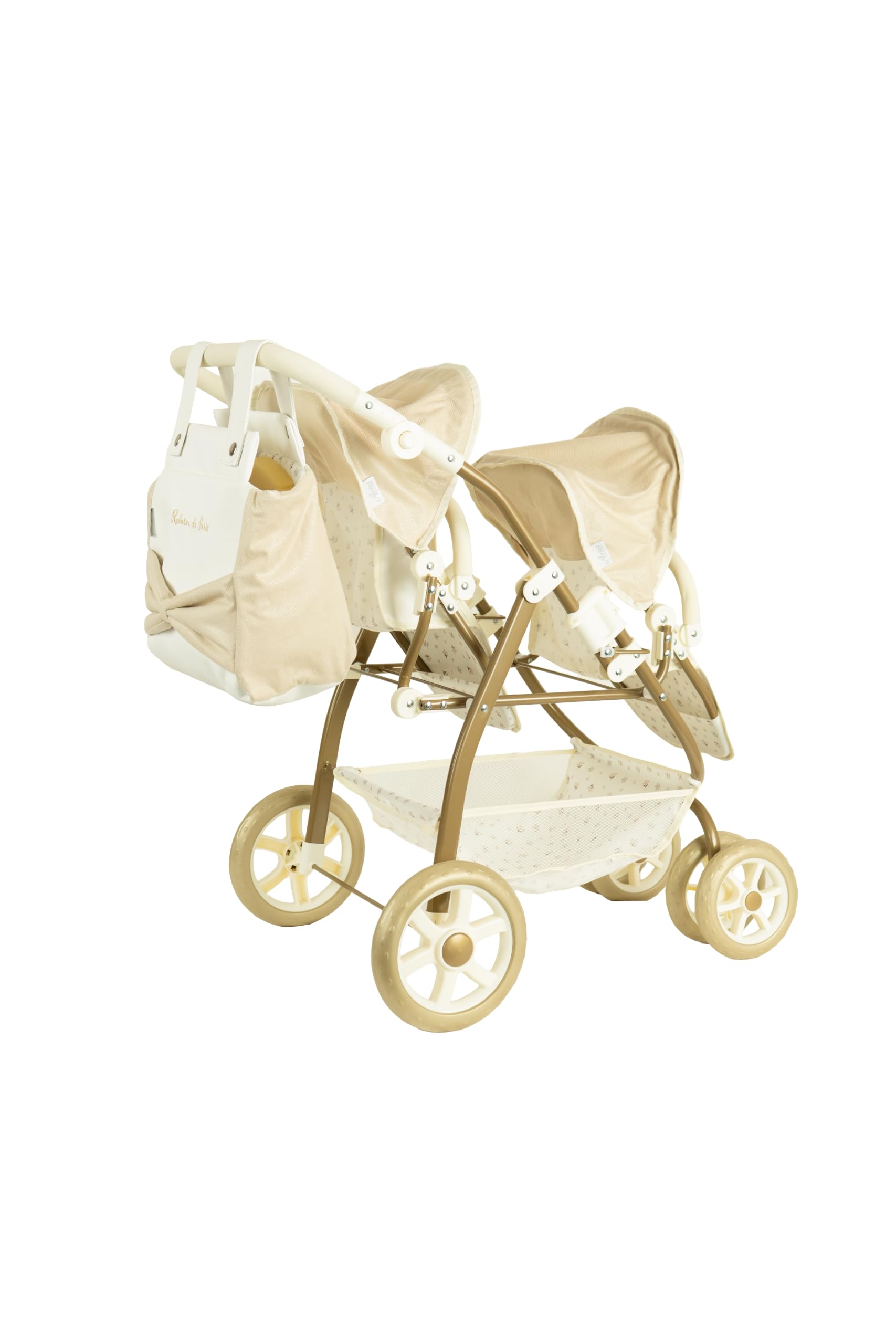 Coche Gemelar para Muñecos Reborn de París, Carrito con Bolso, 45x70x73 cm, Altura Manillar 47-77 cm, +3 Años