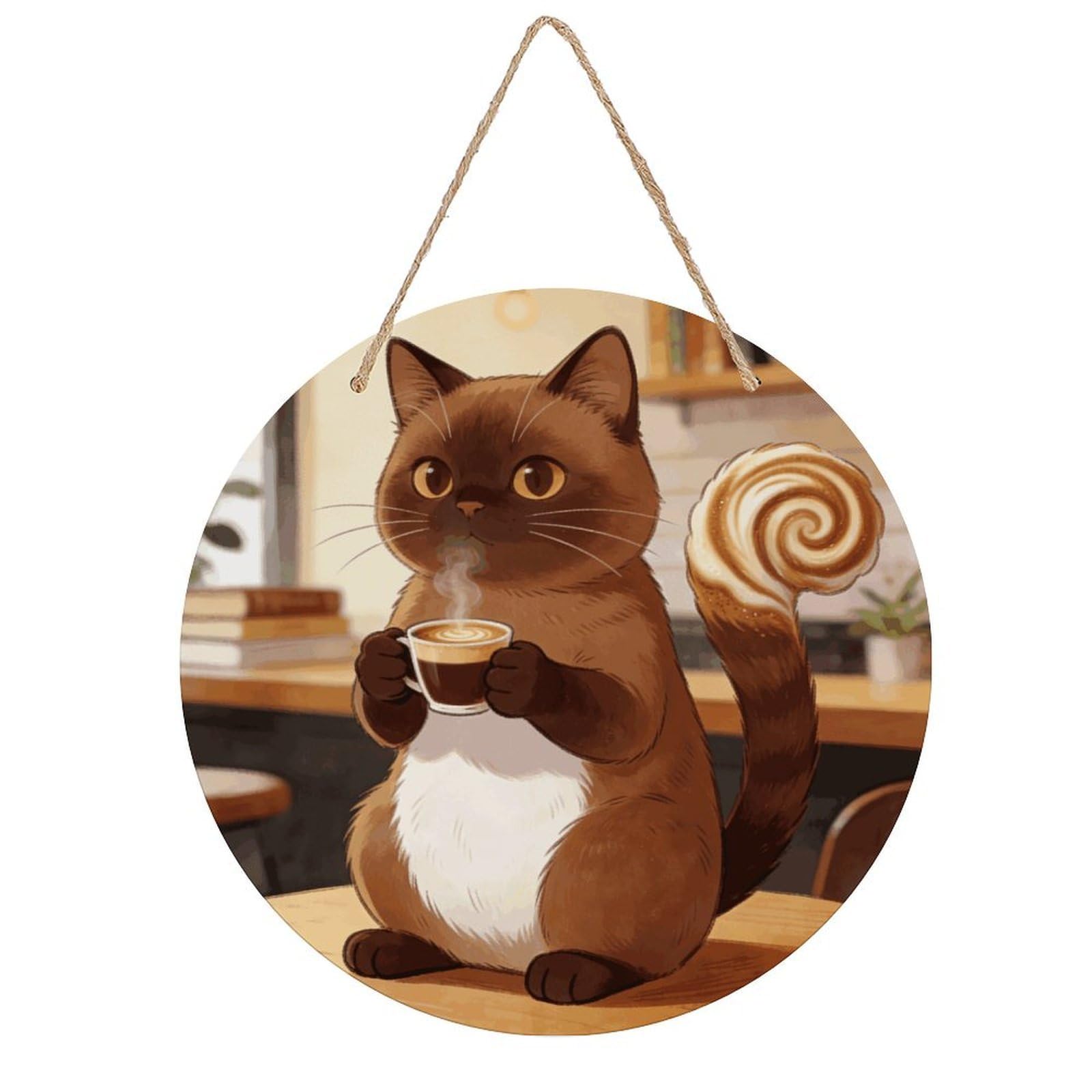 VstaDank Coffee Cat Wooden Wall Art Decor Round Wood Plaque Wooden Door Hanger Sign with Hole And Hanger Rope Trend Wood Decorative Paintings for Home Outdoor Indoor 7.87 Inch