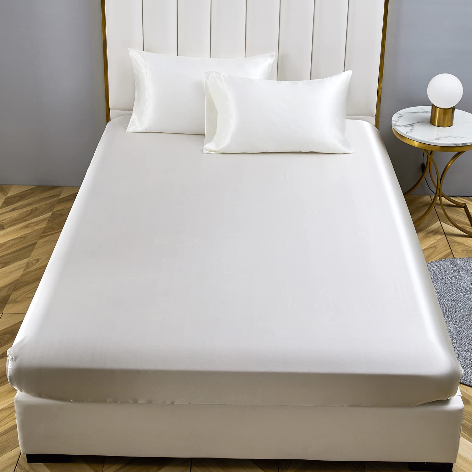 Jemiipee Juego de Sabanas de 4 Piezas Raso Cama 200 Color Sólido 200x200 cm para Colchón de hasta 36 cm de Altura - Sábana Bajera Ajustable, Encimera y 2 Funda de Almohada - Marfil