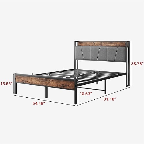 Miniatura 2 de Anwick Cama matrimonial de metal, base de cama industrial tamaño matrimonial con cabecera y 2 puertos USB, base de colchón resistente con