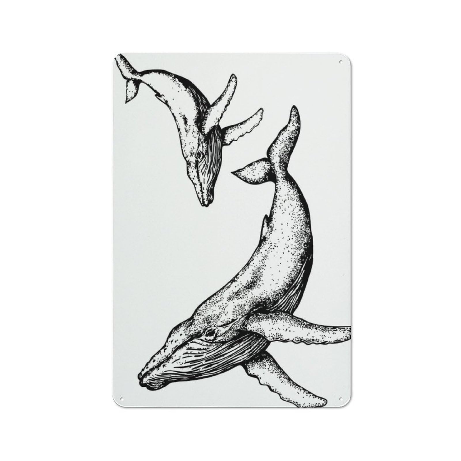 Simple Retro Whale Illustration Metal Wall Plaque 30x20cm, Studio Wall Plaque for Hobby Room, Office, Lounge Or Living Room