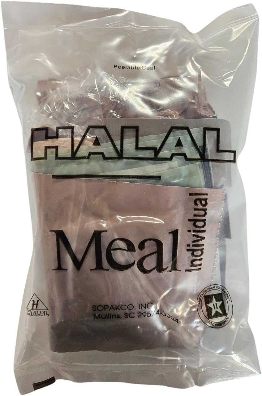 Halal MRE (Meal Ready to Eat), Authentic USGI Military Ration - Certified Halal Ration: Includes Entree, Snacks, Dessert, Drink Mix, Utensils, Condiments and Flameless Ration Heater - Approximately 1250 Calories. (Beef Stew)