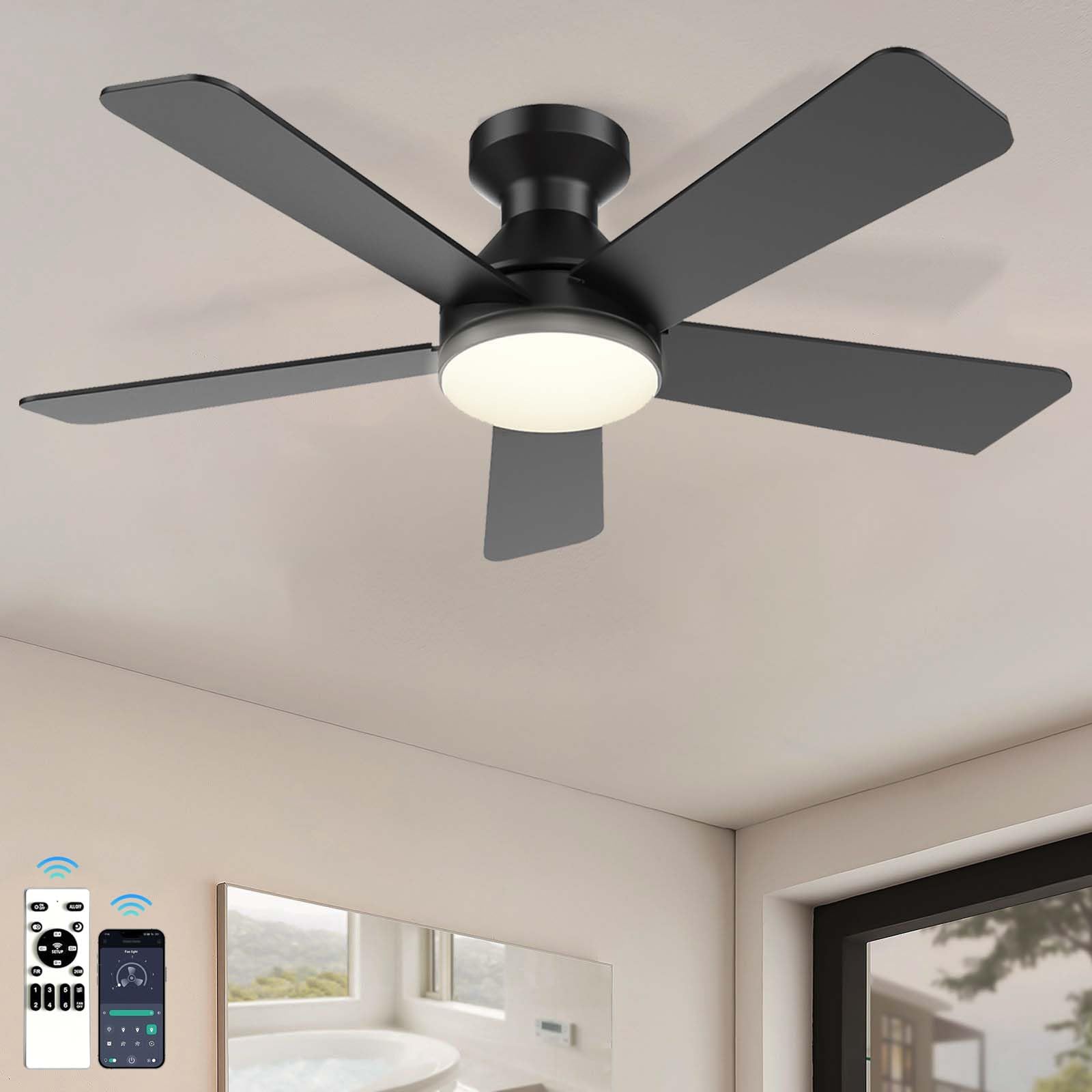 HXYSXHJUO 42in Quiet Ceiling Fans with Lights,Remote & App Control, Timer Dc Motor Reversible ，5 Blades 6 Speeds ，Dimmable LED Fan Lights for Bedroom Living Room Kitchen