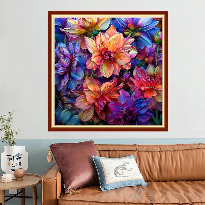 Image of Joyhoor Stamped Cross Stitch Kits for Beginners, Needlepoint Kits for Adults, 11CT Counted Embroidery Kits-Colorful Flowers 18x18 inchs