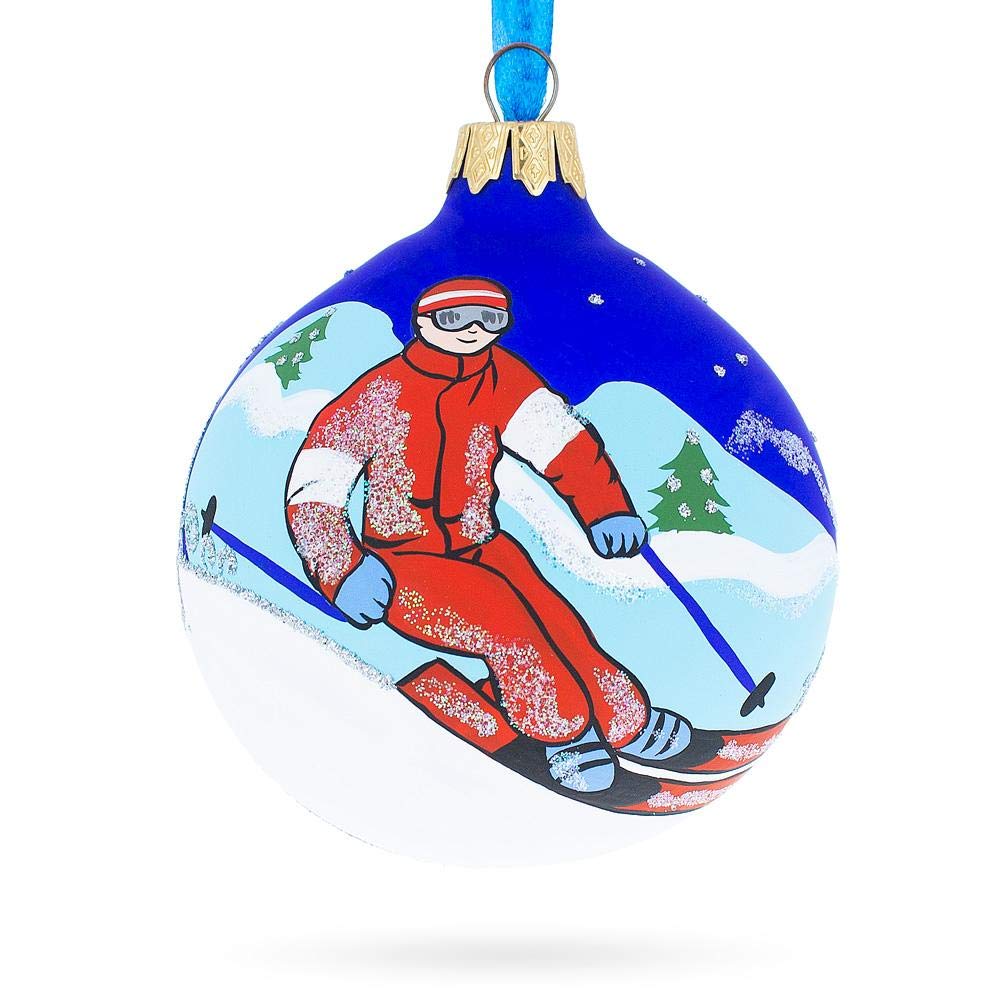 Winter Wonderland Skiing Blue Blown Glass Ball Christmas Ornament 3.25 Inches
