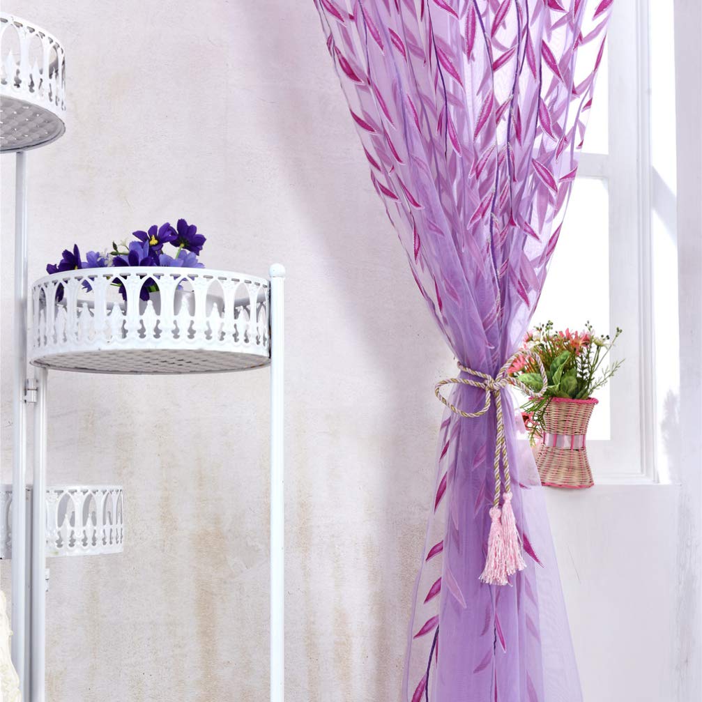 WINOMO Salix Foglia Modello Della Finestra Salice Pannelli Della Finestra Tende Tende Pura Voile Tulle per Soggiorno Camera Da Letto Balcone 106X39 Pollici (1 pz, Viola)