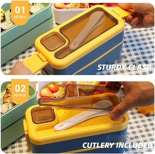 Miniatura 4 de HONZUEN Lonchera Bento de 2 capas, compartimento para adultos con contenedor de salsa, contenedor apilable para preparación de comidas con