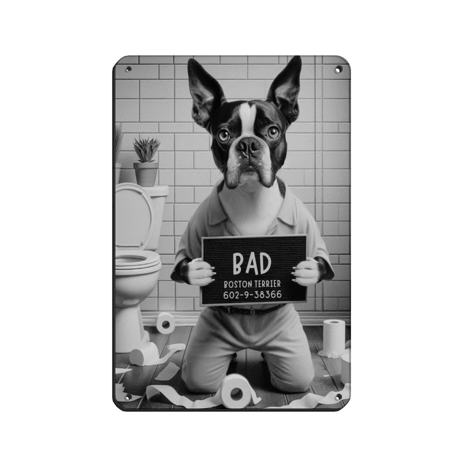 Bad Boston Terrier Bathroom Art Retro Poster Metal Tin Sign Chic Art Retro Iron Painting Bar People Cave Cafe Family Garage Poster Wall Decoration 8x12inch(20x30cm)