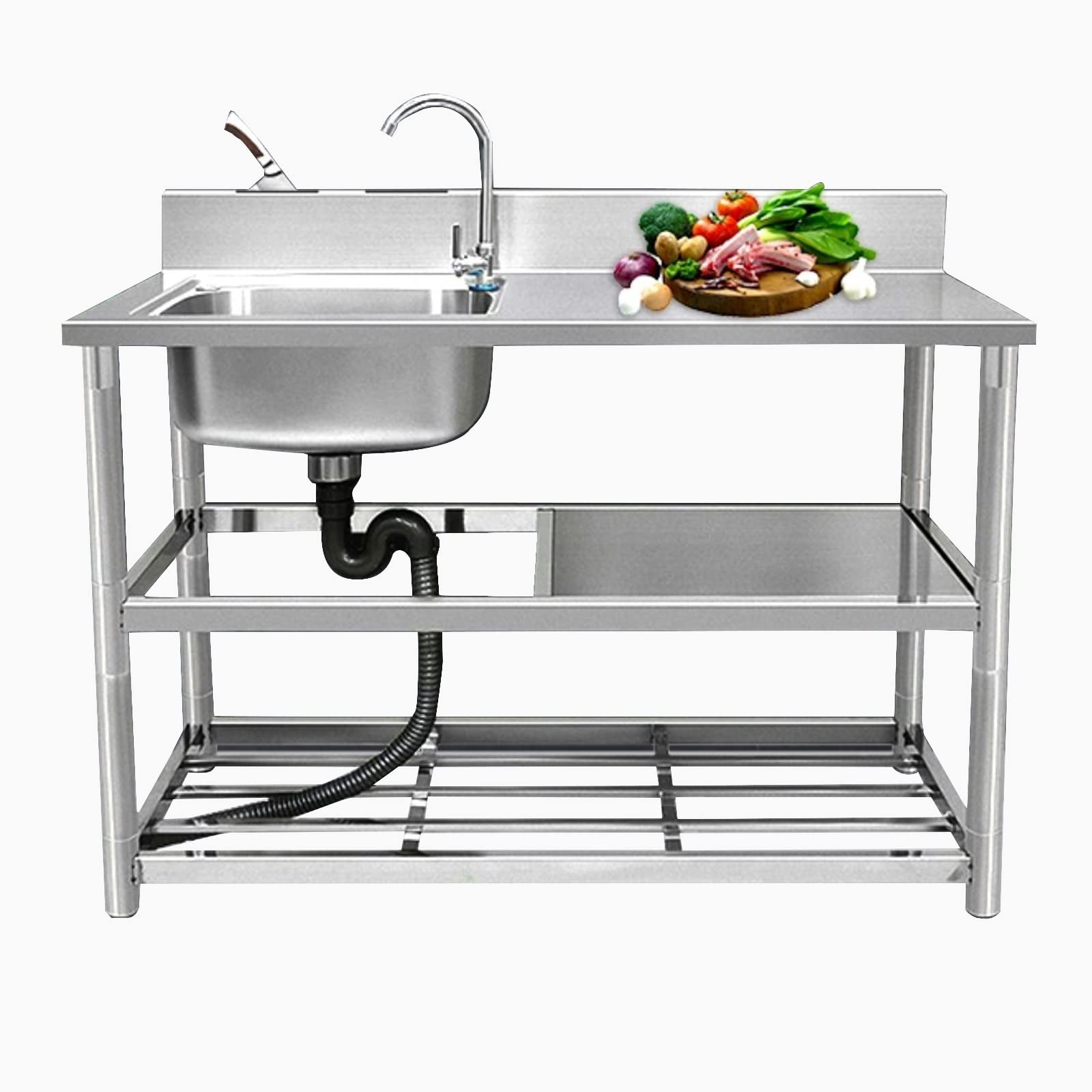 Lavello Acciaio Inox 304 A Una Vasca Con Ripiano | Lavello Da Cucina Commerciale 60x45x75 Cm Con Rubinetto - Foto 14