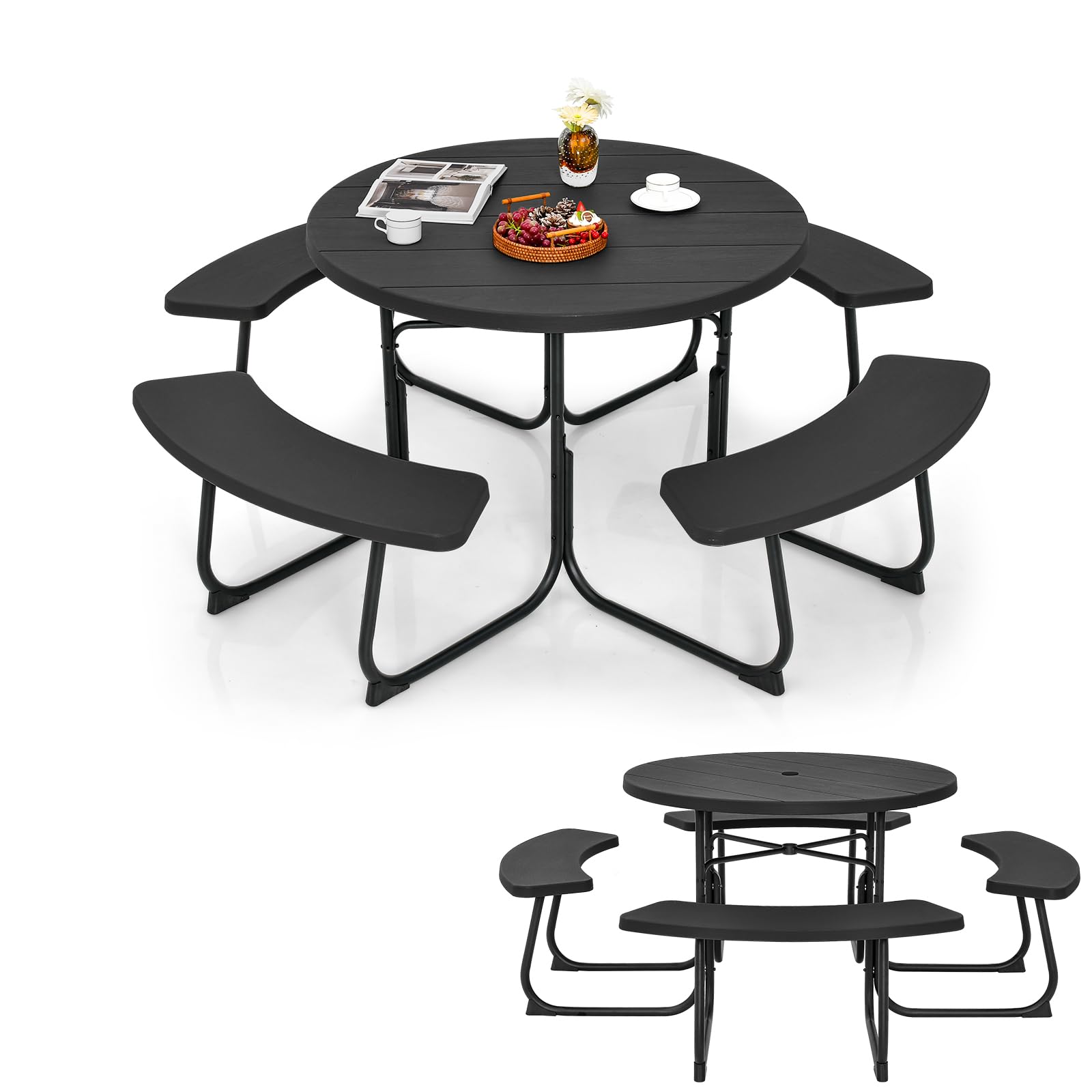 KOMFOTTEU Set di Tavolo da Picnic Rotondo per 8 Persone, Set di Sedie e Tavolo con Foro per Ombrellone, Mobili da Giardino con 4 Panche, in HDPE e Metallo, φ190 x 76 cm (Nero)