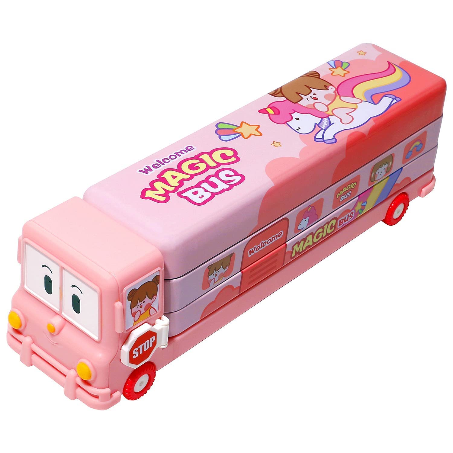 Mayatra's Multicolour Cartoon Printed School Bus Metal Pencil Box with Moving Tyres and Sharpener for Kids