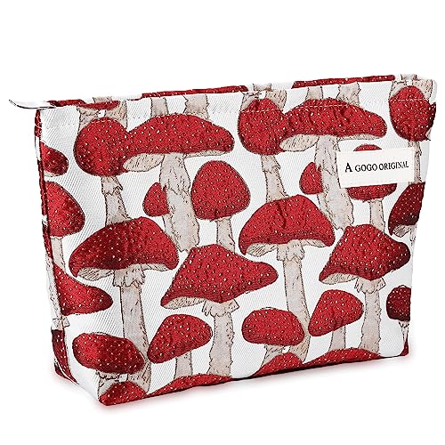 ZLFSRQ Mushroom Makeup Bag Travel Cosmetic Bags for Women and Girls Cute Makeup Pouch Large Makeup Purse Aesthetic Zippered Canvas Makeup Bag Embroidered Toiletry Organizer (Red Mushroom)