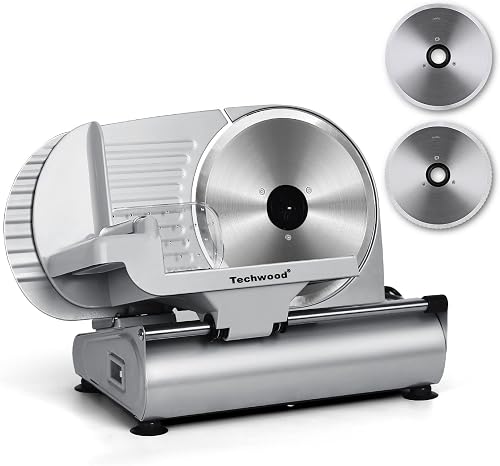 Meat Slicer, Techwood Electric Deil Food Slicer with Removable 9” Stainless Steel Blade, Deli Cheese Fruit Vegetable Bread Cutter with Adjustable Knob for Thickness, Food Carriage & Non-Slip Feet