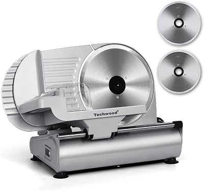 Meat Slicer, Techwood 200W Electric Deil Food Slicer with Removable 9” Stainless Steel Blade, Deli Cheese Fruit Vegetable Bread Cutter with Adjustable Knob for Thickness, Food Carriage & Non-Slip Feet