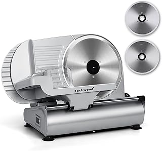 Meat Slicer, Techwood Electric Deil Food Slicer with Removable 9” Stainless Steel Blade, Deli Cheese Fruit Vegetable Bread Cutter with Adjustable Knob for Thickness, Food Carriage & Non-Slip Feet