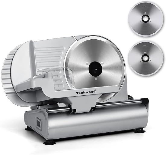 Meat Slicer, Techwood Electric Deil Food Slicer with Removable 9” Stainless Steel Blade, Deli Cheese Fruit Vegetable Bread Cutter with Adjustable Knob for Thickness, Food Carriage & Non-Slip Feet