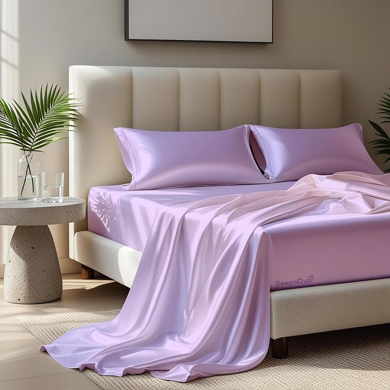 Image of Premium Satin Single Bed (60x90 Inchs) with 1 Pillow Cover Bedsheet Ultra Soft & Silky Smooth, Breathable Cooling Fabric, Luxury Glossy Finish|Levender