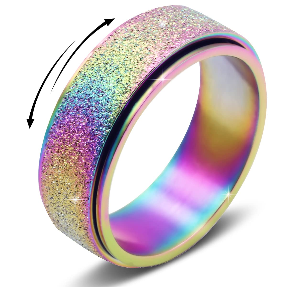 Rotating Anxiety Ring for Women Men Titanium Stainless Steel Anxiety Fidget Ring for Women 8mm Width Rainbow Color Size 12, 12, Metal, No Gemstone