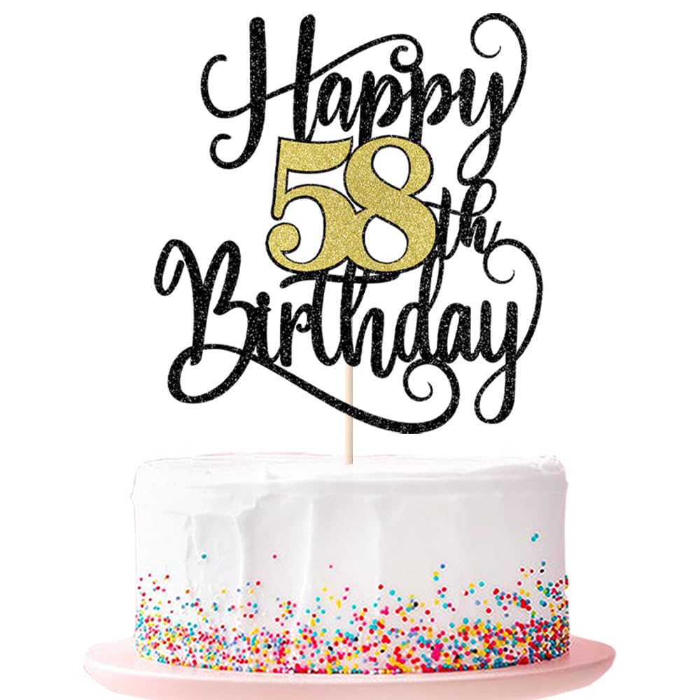 happy 58th birthday cake topperοΌ 58 birthday party cake decorations (Black and gold flashes, 58th)