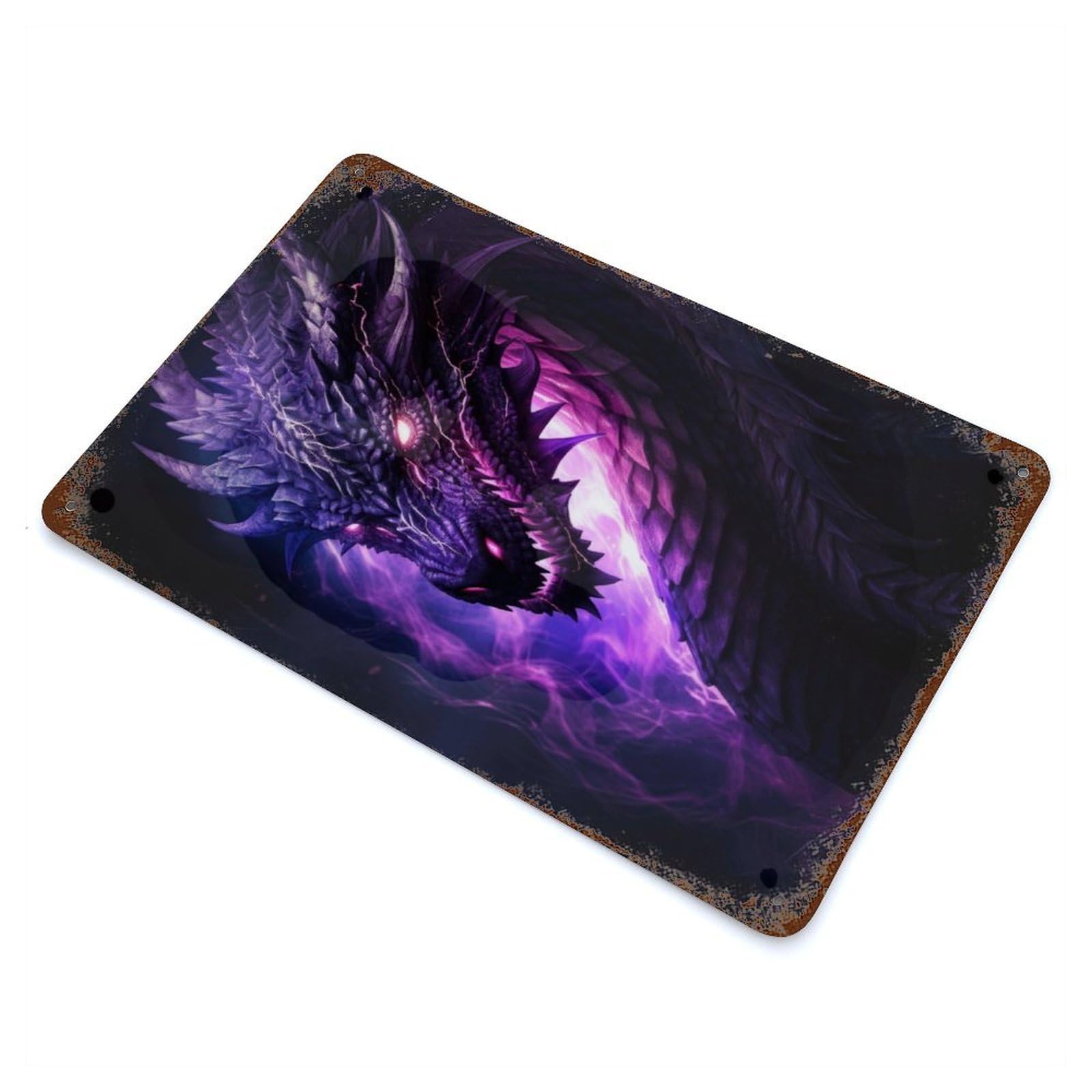 Purple Dragon 11.8"x7.9" Aged Metal Wall Plaque, Novelty Wall Decor for Garage, Bar And Workshop Decor