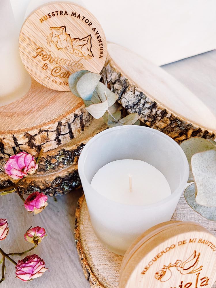 MONAMI - Pack 10 Velas personalizadas en cristal y tapa de bambú. Detalle ideal para boda, bautizo o comunión. Vela aromática de vainilla. Varios modelos a elegir.