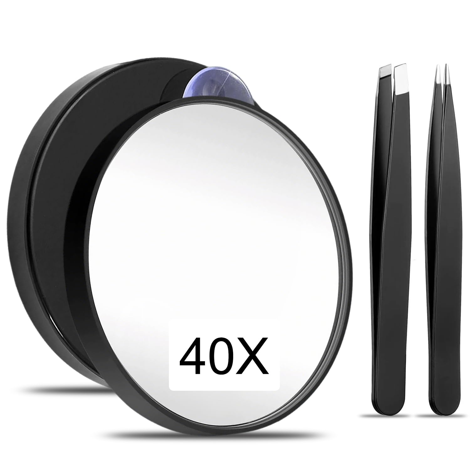Xiluuyou Unisex Black-40X 40X Magnifying Mirror, Small Magnifying Mirror With Suction Cup And 2 Tweezers, Ideal For Precision Eyebrow Plucking Skin Care Compact For Travel, Black, 3.4 Inches