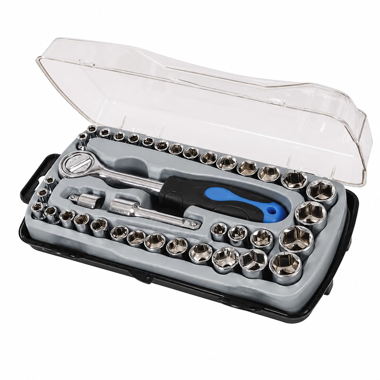 Dunnet Tools Silver 39 Piece Socket Set | Drive, Metric & Imperial With Ratchet, Extension Bar & Case | Professional Chrome Vanadium Steel Tool Kit For Car, Bike, Home Repairs, Plumbing Tools & Diy Mechanics