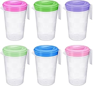Honeydak 6-Pack 70oz 2L Clear Plastic Pitchers with Leakproof Lids, Easy Pour Spouts & Handles for Iced Tea, Water