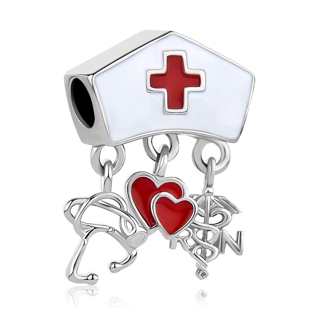 Casa De Novia Jewelry Nurse Stethoscope Medical Charms Heartbeat Red Enamel Bead fit European Bracelets