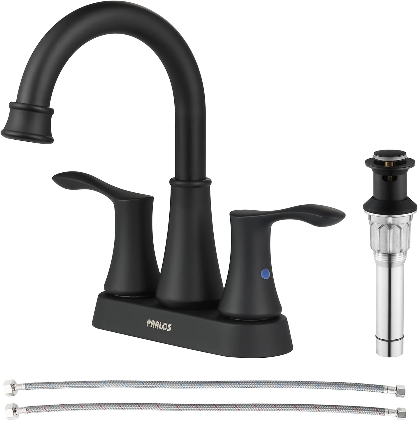 2-Handle Bathroom Sink Faucet High Arc Swivel Spout with Metal Drain Assembly and Faucet Supply Lines, Matte Black, Demeter 14134