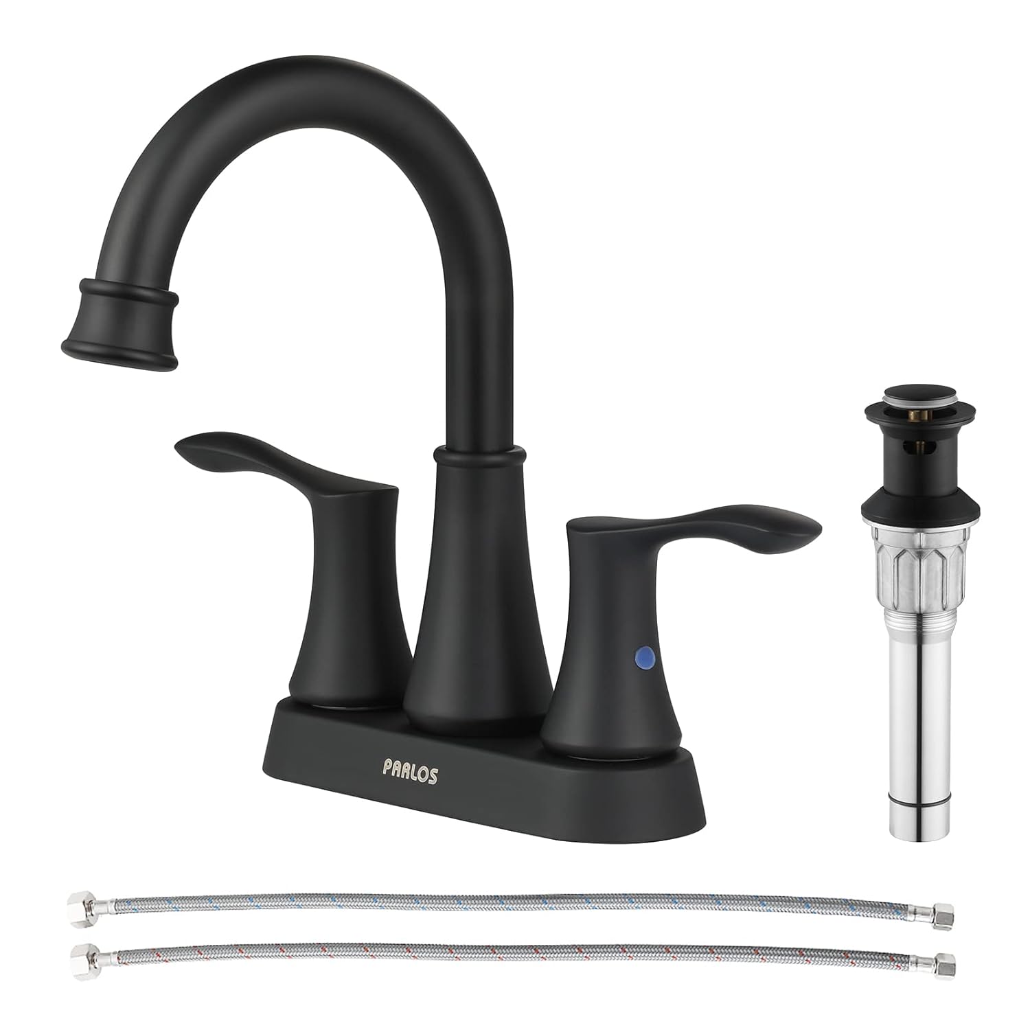 PARLOS 2-Handle Bathroom Sink Faucet High Arc Swivel Spout with Metal Drain Assembly and Faucet Supply Lines Matte