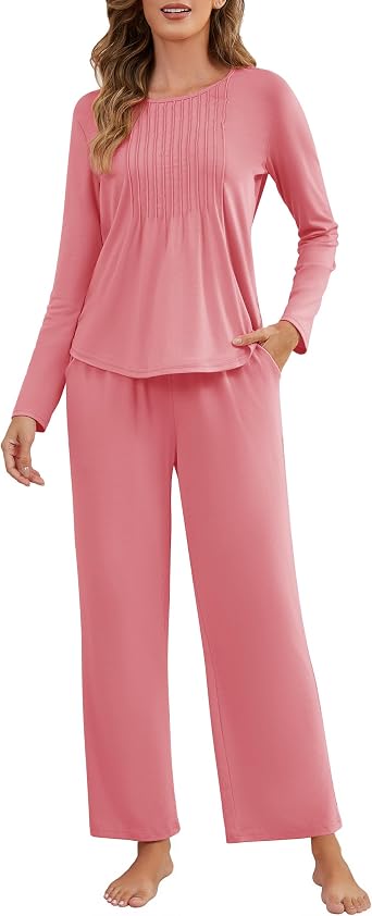 Womens Pajama Sets 2 Piece Lounge Set Sleepwear Soft Loungewear with Pockets Ladies Comfy Long Sleeve wrinkles Pjs