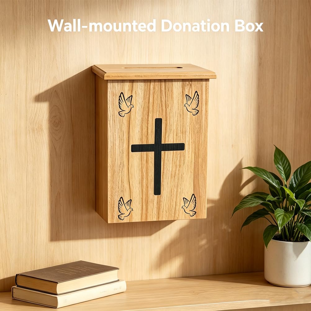 Holz-Spendenbox für die Kirche mit Schloss und 2 Schlüsseln, zur Wandmontage oder als Tisch-Spendenbox mit breitem Schlitz, sichere Sammlung und Zehntbox für das Gebetszimmer der Kirche