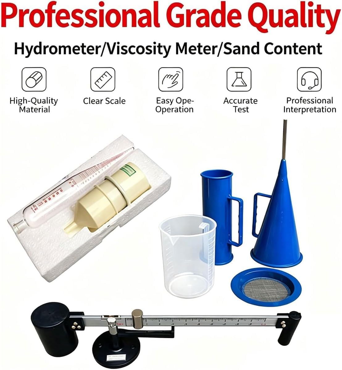 Kit De Viscosímetro para Lodos, Kit Portátil para Análisis De Lodos, con Hidrómetro, Reómetro Y Medidor De Contenido De Arena, Rango De 0,96 A 2 G/cm³, Precisión De 0,01 G/cm³, con Caja De