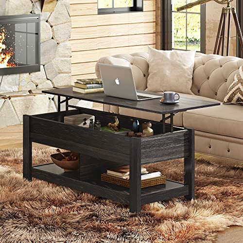 Image of WLIVE Modern Lift Top Coffee Table,Rustic Coffee Table with Storage Shelf and Hidden Compartment,Wood Lift Tabletop for Home Living Room,Black