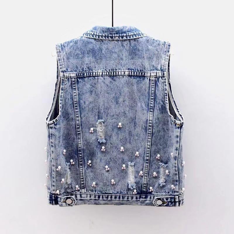 Runstarshow Armlose Denim-Westen für Damen, Knopfleiste, bestickt Blumenmuster, Retro-Jeansjacke, elegant, S-XXL/EU 34-44