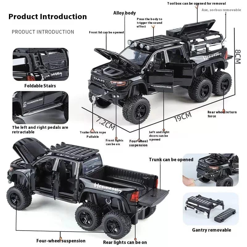 Image of 1:32 6x6 Scale Dodge Tyrannosaurus Rex RAM 1500 TRX Diecast Car Models Toys Metal Alloy 4 Openable Door and Sound & Light, Pull Back Toys Gifts for Boys Best Gift Car (Color As Per Stock)