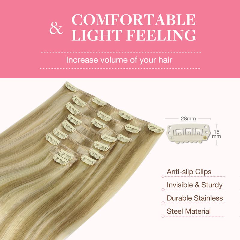 Image of GOO GOO Clip in Hair Extensions Real Human Hair, Remy Human Hair Extensions Clip ins for Women, Natural Human Hair, 16inch 150g 9Pcs, 16 /22 Light Blonde Highlighted Golden Blonde