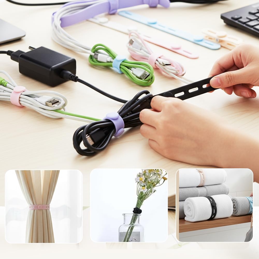 Data Cable Organizer, 2026 New Silicone Cable Straps Cord Organizers, Cable Ties Management Organizer for Bundling Charger Cords Curtains Umbrellas Snacks, in Home, Office, Kitchen (24pcs)