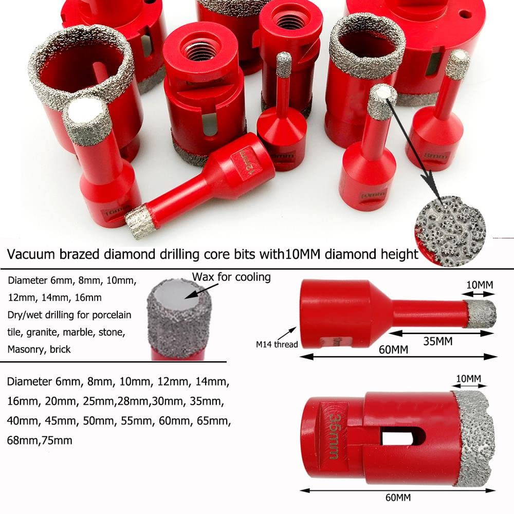 Broca de perforación de diamante soldada al vacío en seco, granito, sierra de perforación de mármol, broca de rosca M14 , corona de piedra para baldosas de porcelana, 2 piezas 6 mm, China