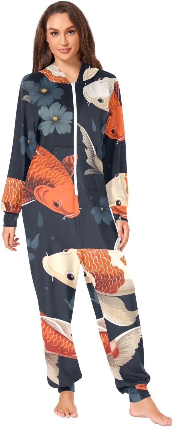 GAIREG Koi Fishes Adult Onesie Pajamas, Soft Hooded One Piece Loungewear with Zipper for Men Women Christmas Sleepwear