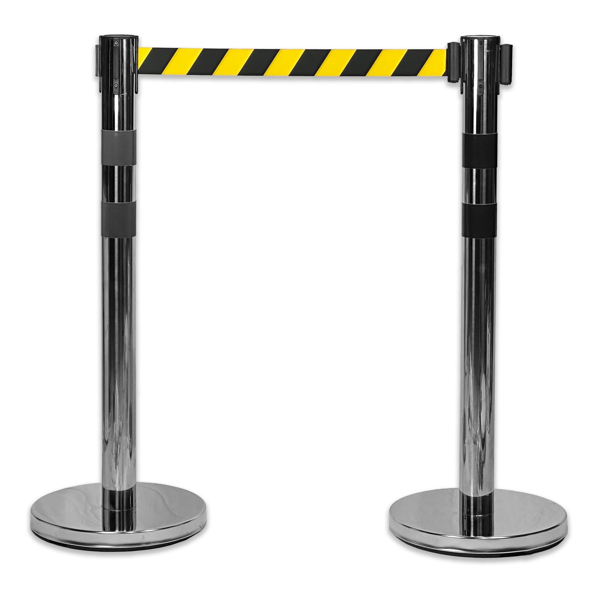 UvV BounceLine Personenleitsystem, Absperrpfosten, Edelstahl, 2 Pfosten 90 cm Hoch je 3 m Gewebeband (Stahl 8 kg (Heavy), gelb/schwarz)