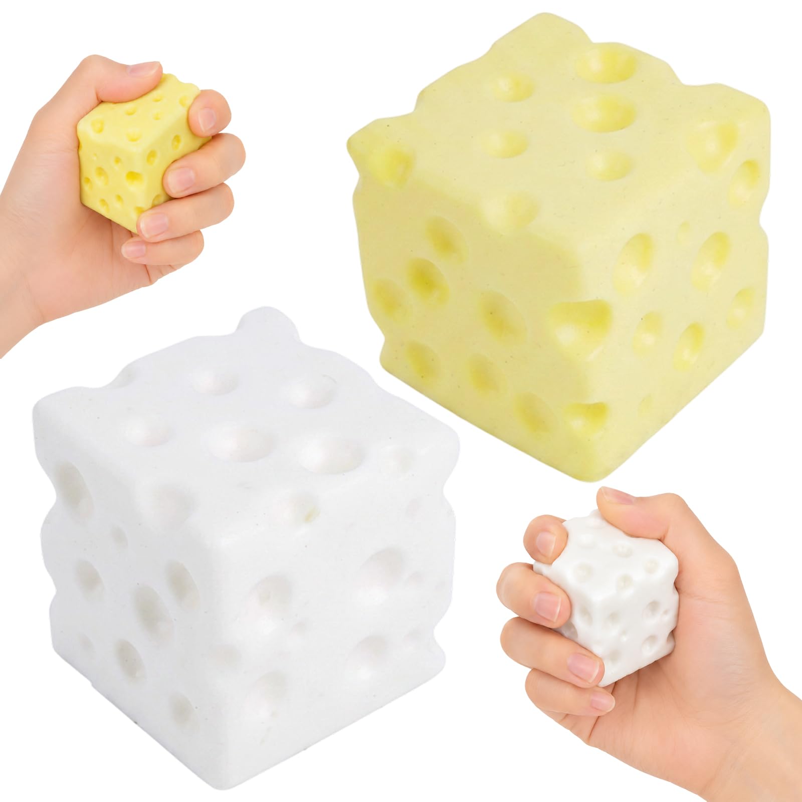 2 PCS Big Cheese Squishy, Giant Cheese Squishy, Stress Relief Ornament, Office Desk Decor, 7x7x7 cm White & Yellow 2-Piece Set