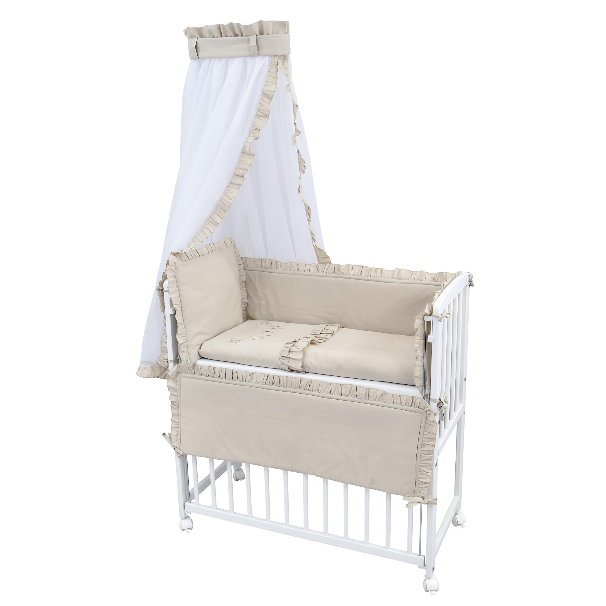 Generisch Baby Delux Beistellbett Babybett Stubenwagen weiß 90x40 mobil mit Rädern inkl. Matratze und Bettwäsche Set mehrteilig (Royal Beige Rüsche Stickerei)