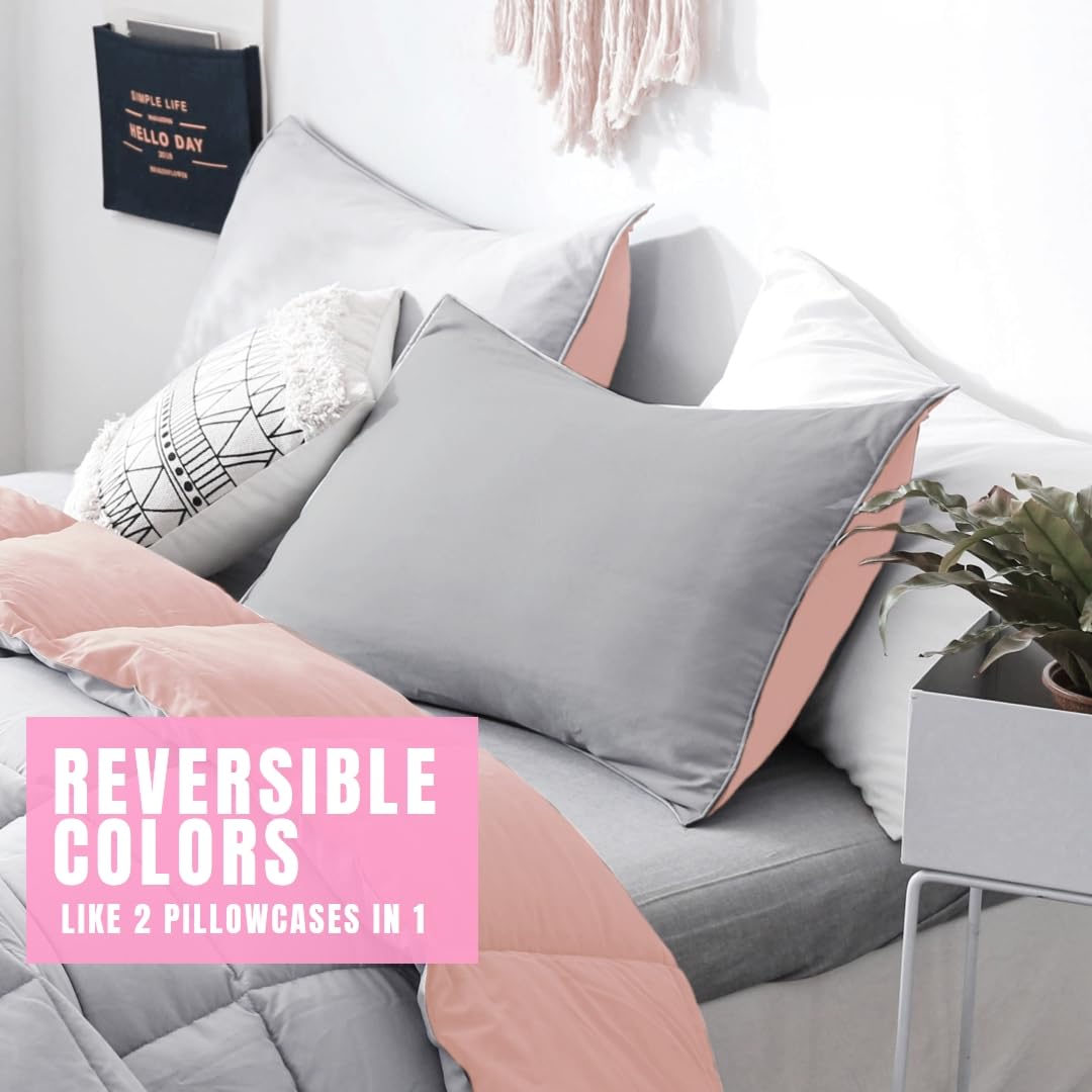 KASENTEX All Season Pillow Shams - Reversible Ultra Soft Hypoallergenic Machine Washable, Set of 2 King Size 20x36in, Swift Pink/Grey