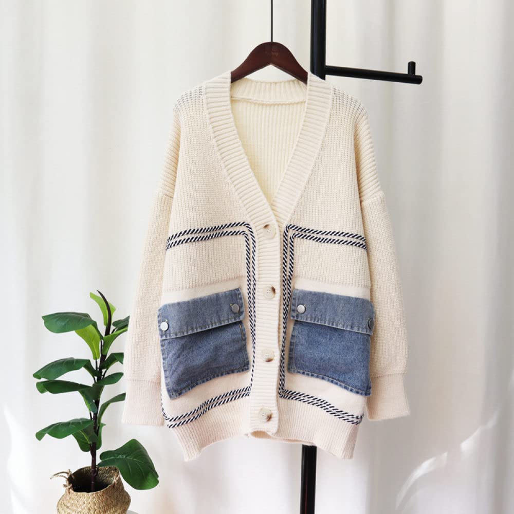 Cárdigans Para Mujer,Cárdigans De Punto Para Mujer Moda Beige Denim Bolsillo De Empalme Cuello En V Botón De Manga Larga Suéteres Delanteros Abiertos Cárdigan Otoño Vintage Suelto Prendas De A