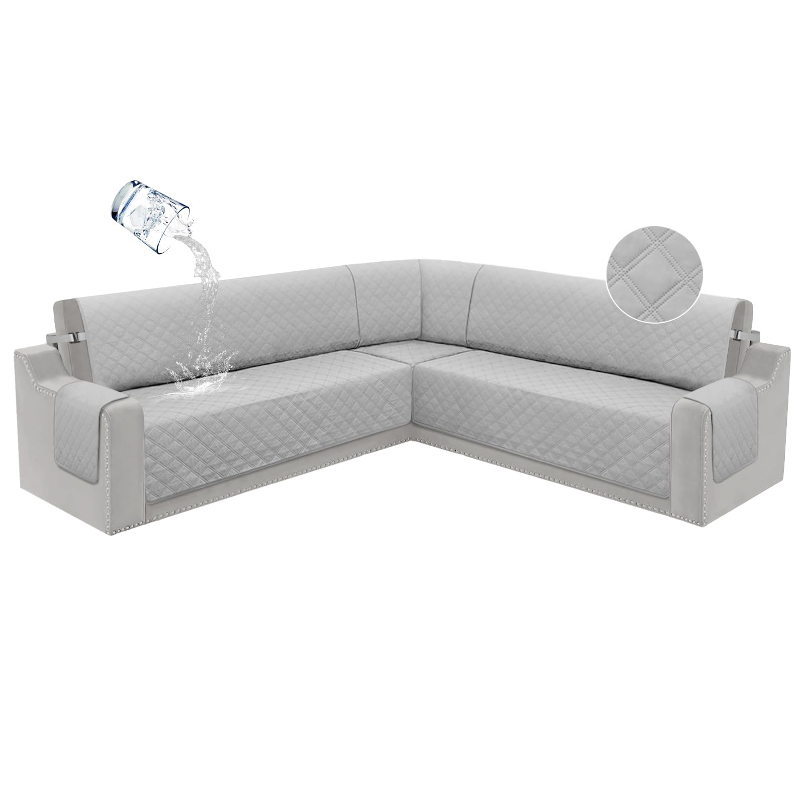 HDCAXKJ 100% Waterproof Sectional Couch Covers Grey L Shaped Sofa Cover for Dogs Machine Washable U Shape Sofa Slipcover Sets 3 Piece Anti Slip Quilted Furniture Protector (Light Gray, Large)