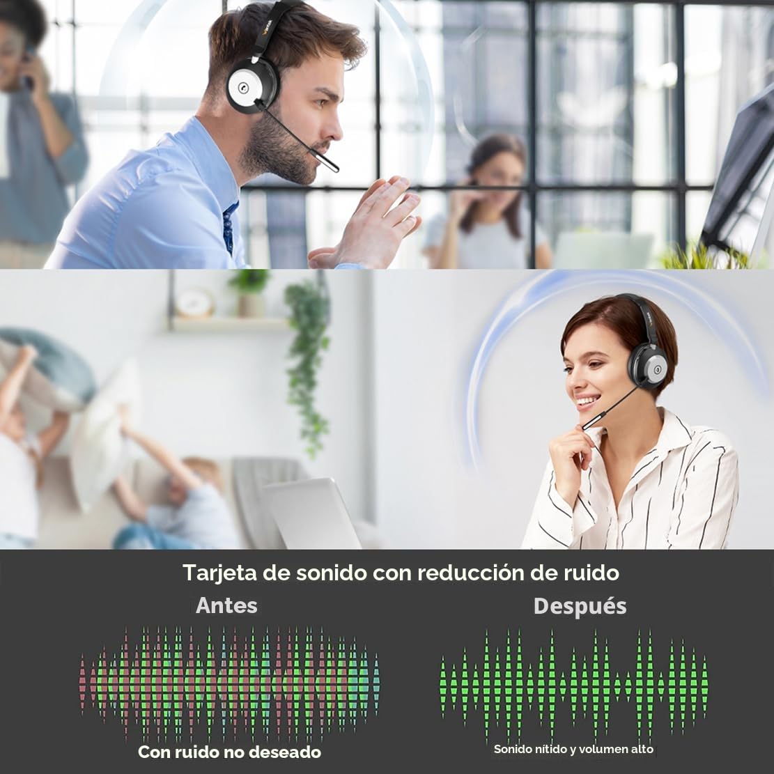 Auriculares Bluetooth inalámbricos con micrófono para PC, auriculares de computadora V5.2 con micrófono con cancelación de ruido, dongle USB, base de carga y botón de silencio para trabajo, teléfonos