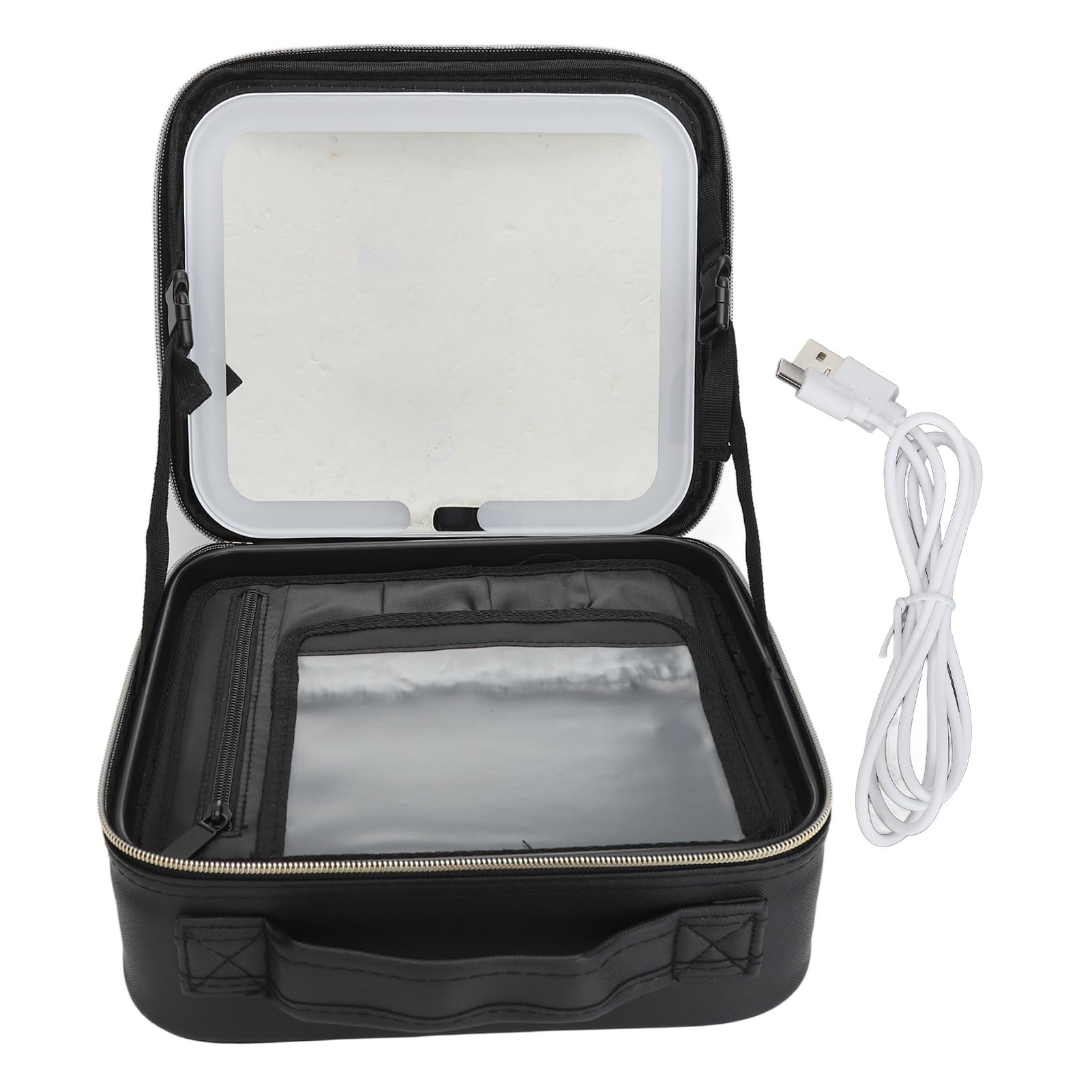 Custodia per trucco con specchio Borsa organizer per cosmetici viaggio professionale grande illuminata Luminosità regolabile 3 luci colorate Pelle PU 6 divisori 26x23x11 cm (Nera)