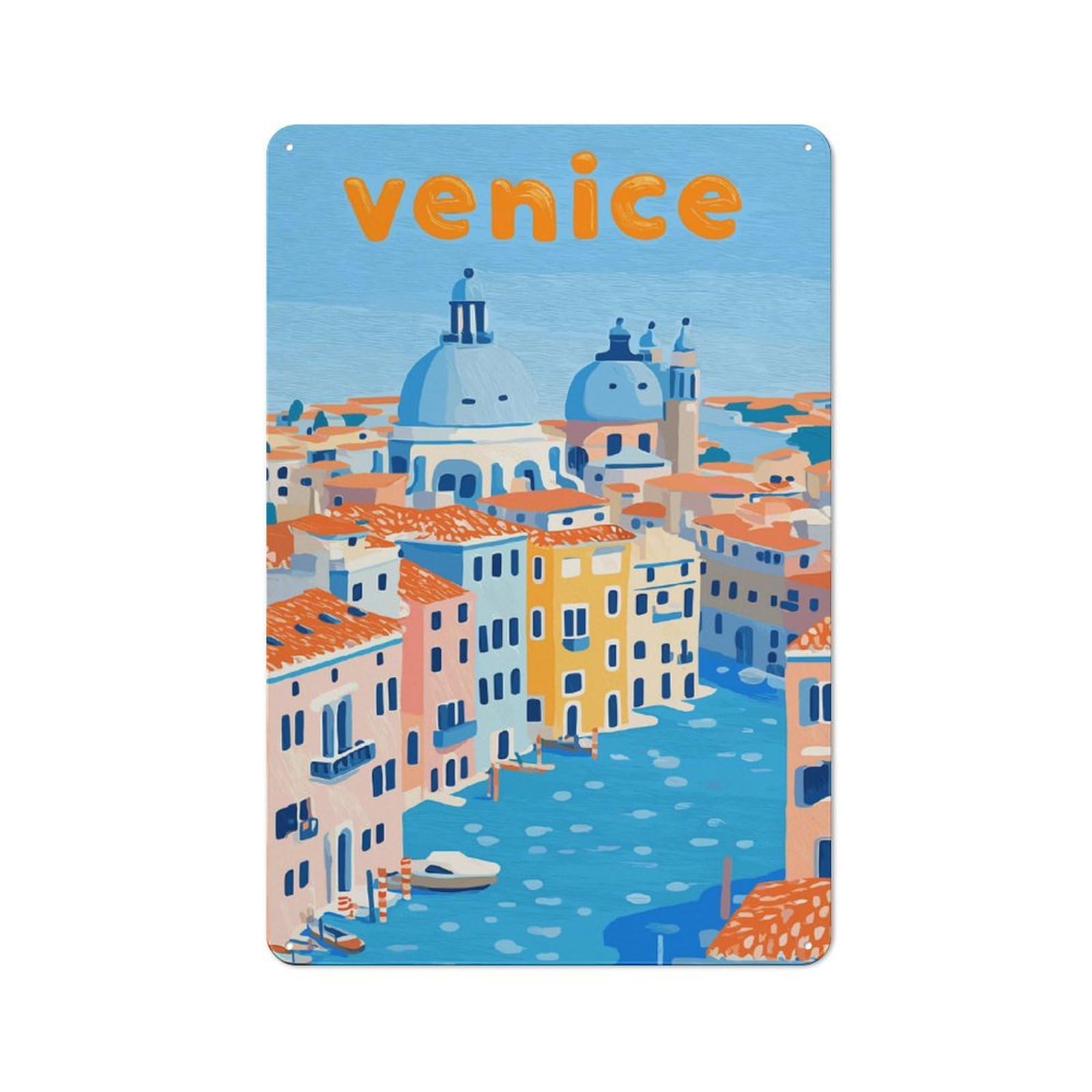 Venice Cityscape Illustration Vintage Metal Sign 30x20cm, Bistro Style Bistro Wall Plaque for Tea Room, Shop Wall Or Breakfast Area